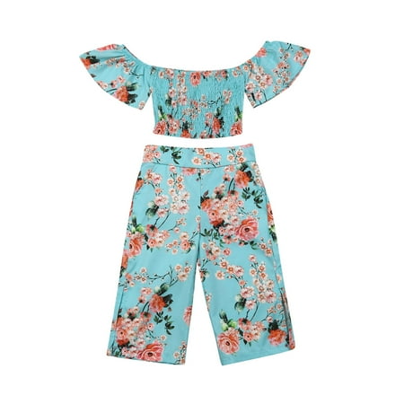 

IZhansean Toddler Kids Baby Girls Floral Clothes Off Shoulder Crop Top Long Pants Summer Outfits Green 4-5 Years