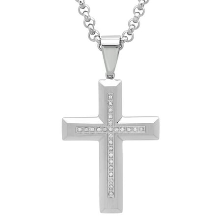 Men's Stainless Steel Diamond Cross with 24 Rolo Chain - Mens Pendant