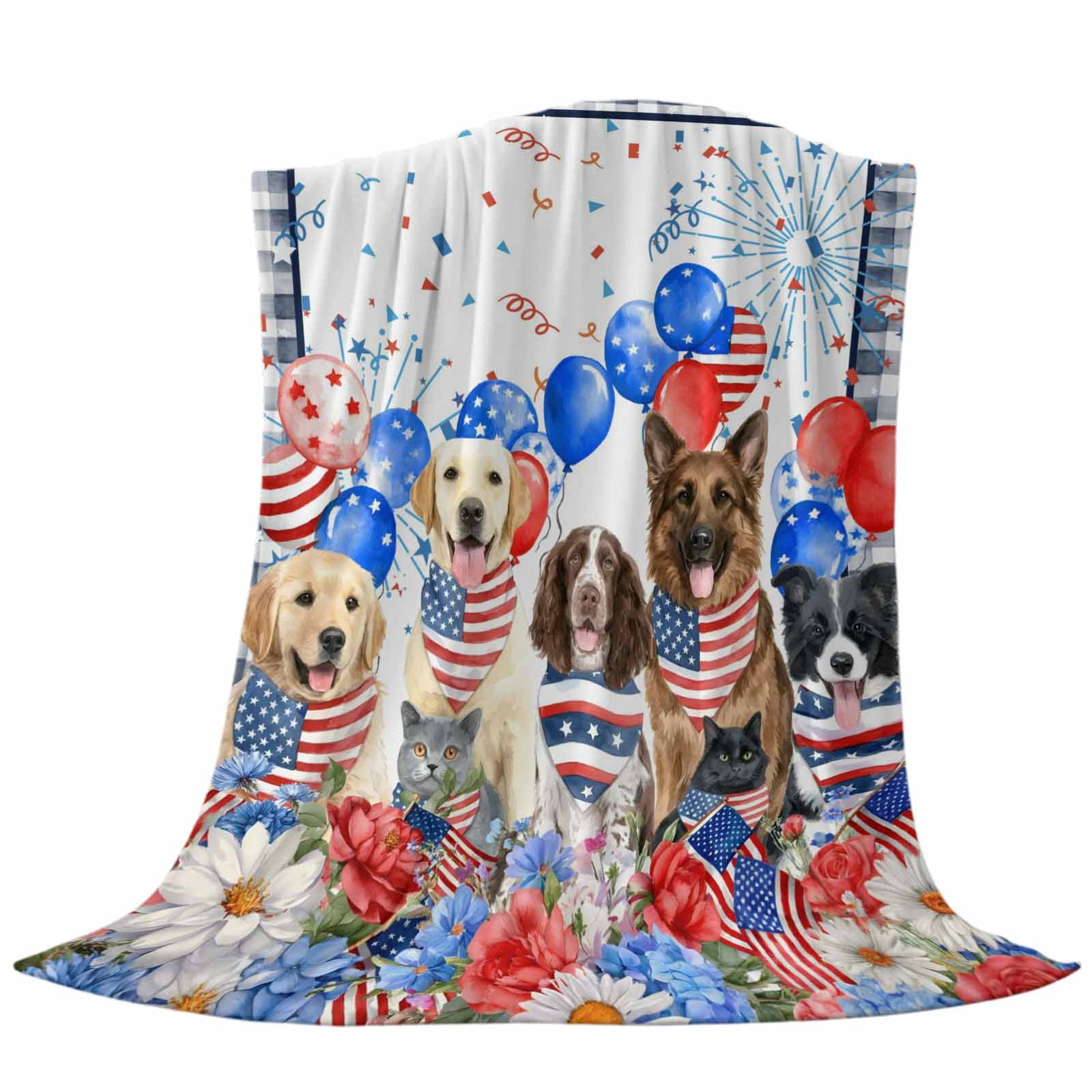 Independence Day Blanket Soft Cozy Warm Throw Blanket for Couch, Plush Fuzzy Flannel Fleece Blankets for Sofa, Red Blue Floral Dogs 4th of July Plaid Bed Blankets Lightweight Gifts for Women, 50"x60"