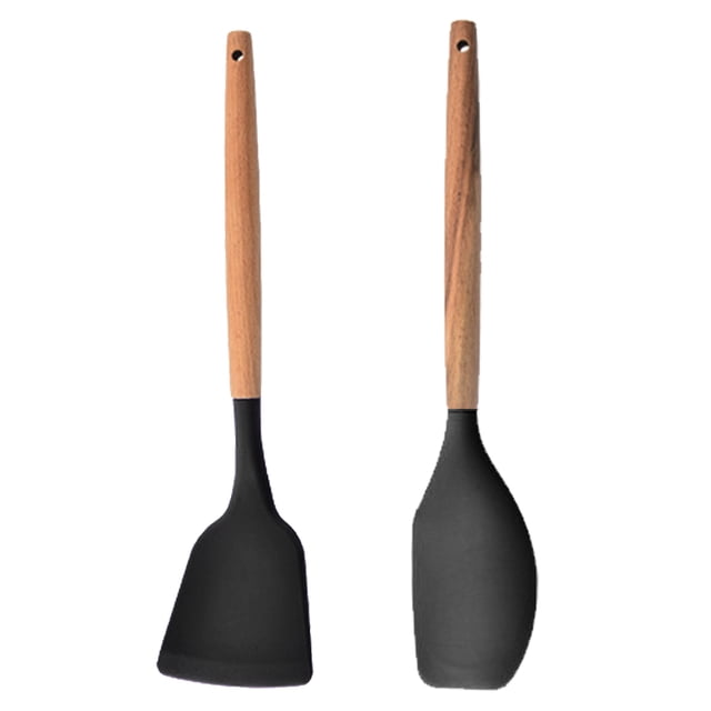 Juego de utensilios de cocina de silicona de cocina de 2 piezas, herramientas de cocina con mango de madera