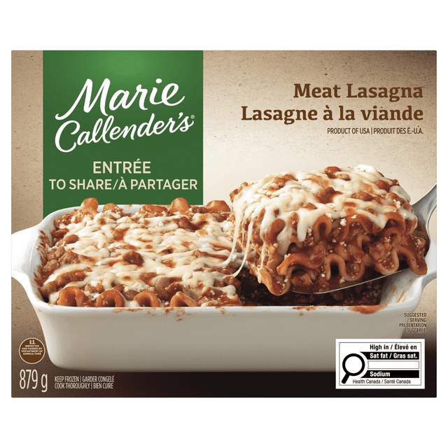 Marie Callender's Lasagne à la viande repas surgelé, Repas copieux, Avec pâtes entièrement cuisinées par nous et tomates mûries sur pied, Fait avec du bœuf et du porc Lasagne à la viande repas surgelé, 879g