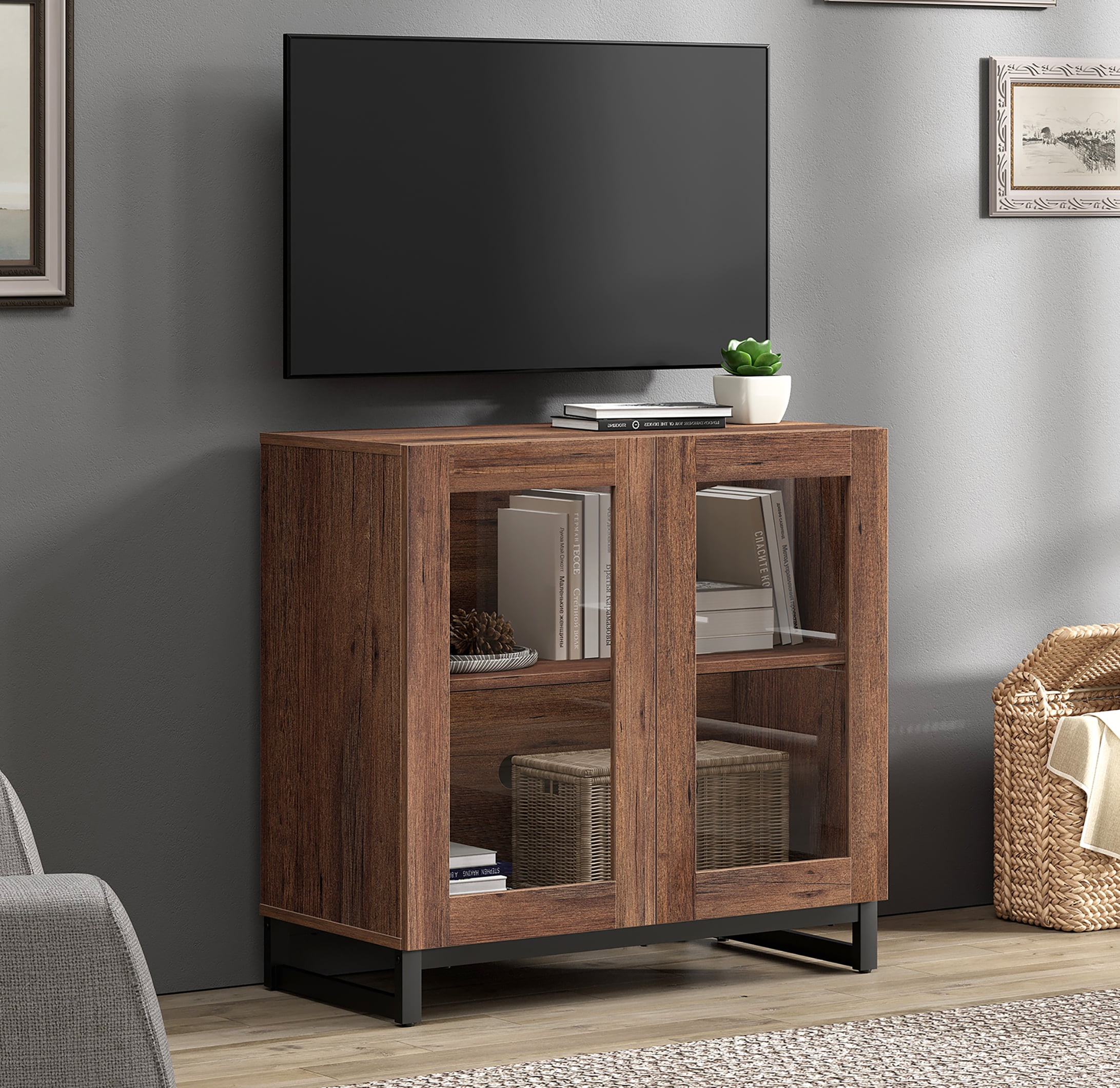 WAMPAT Modern TV Stand with Glass Doors for 32-40 inch TVs, Entertainment Center TV Console with Adjustable Shelves for Living Room, Bedroom, Brown