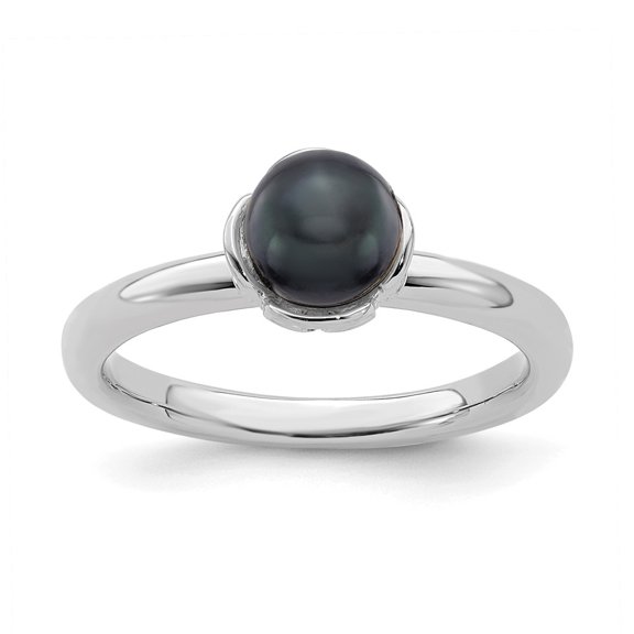 925 Sterling Silver Stack Exp. Polished Black FW Cultured Pearl Ring Size: 5; for Adults and Teens; for Women and Men