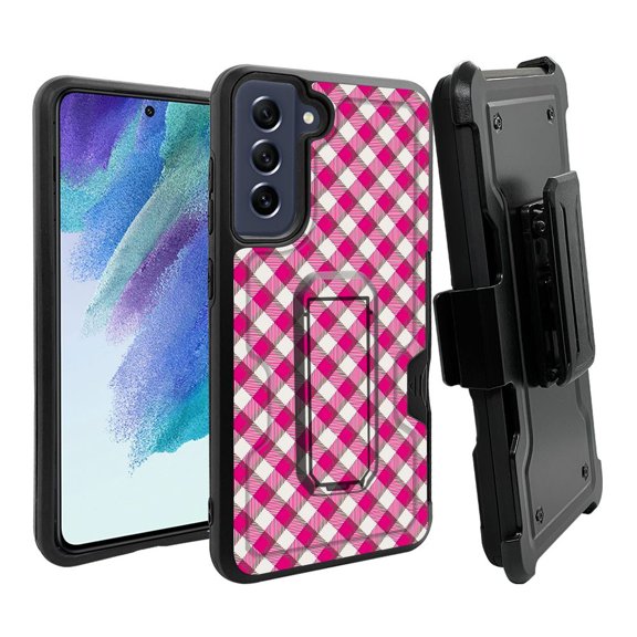 ANJ  Rugged Dual Layer Hybrid Holster Kickstand Case w/ Card Slot   Tempered Glass Cover for Samsung Galaxy S21 FE 5G - Hot Pink Plaid 2