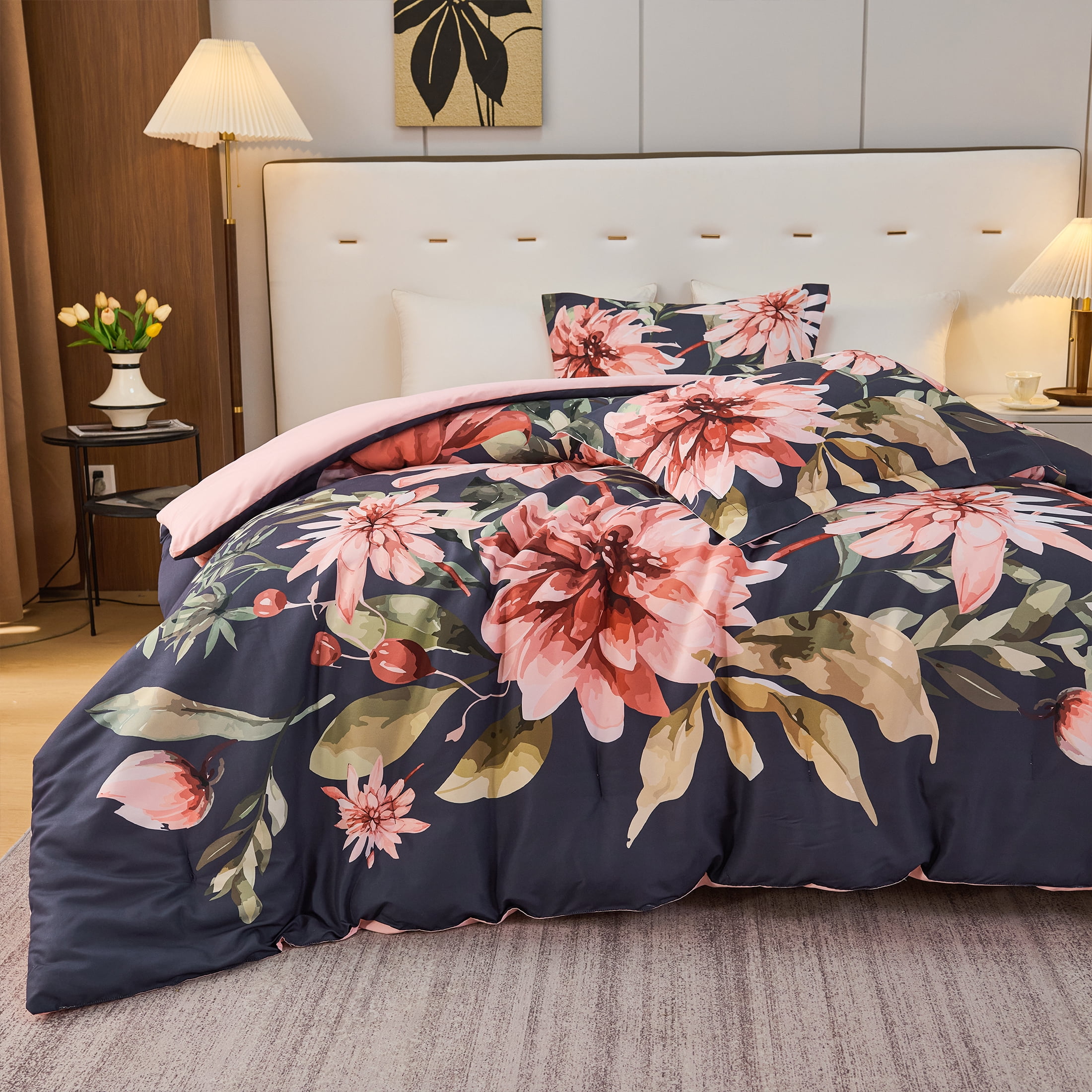 Koniroom Black and Pink Floral Comforter Set King Size – Reversible 3 Pieces Botanical Flower Bedding for All Seasons