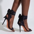 thumbnail image 4 of Black silk satin ankle wrap big bow stiletto heels for women sexy elegant open round toe high heels, wedding prom bachelorette cocktail party evening dress, 4 of 7