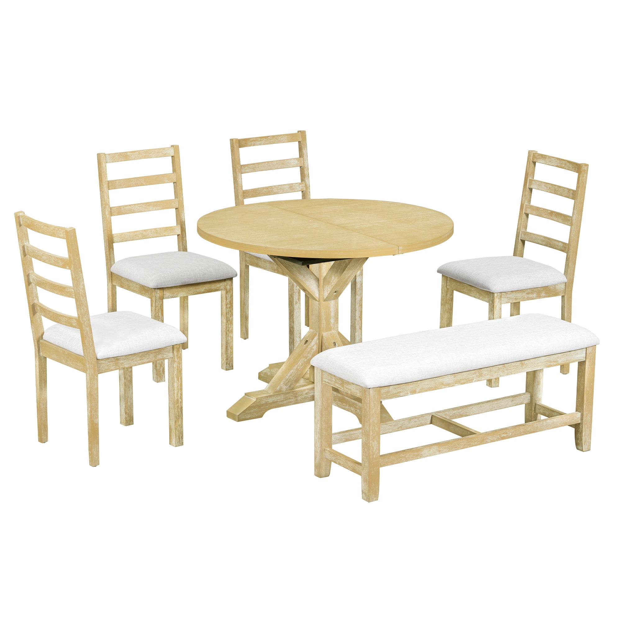 EUROCO 60" 6 Piece Solid Wood  Extendable Dining Table Set for 6 , Dining Room Table Set with 18inch Removable Leaf,4 Upholstered Chairs and 1 Longer Bench,Round KitchenTable Set for 6