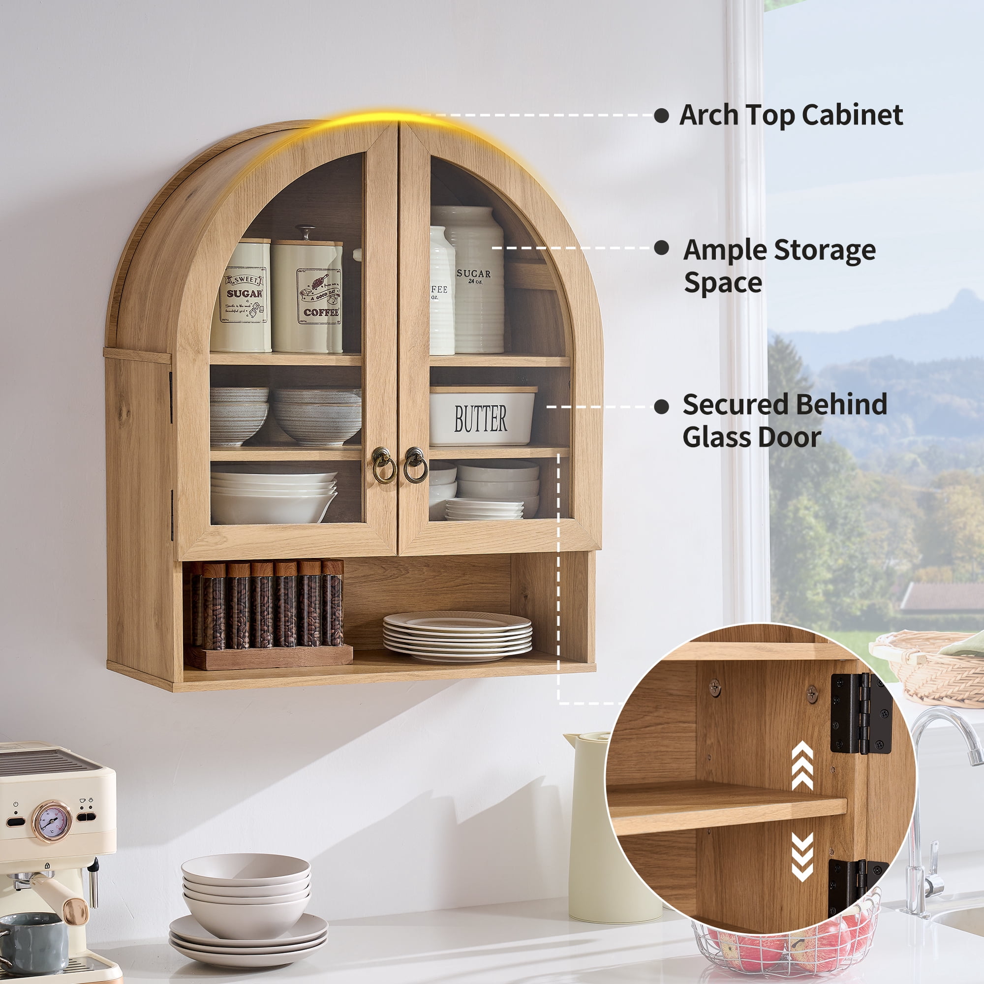 SinCiDo Arched Wall Cabinet with Adjustable Shelves & Glass Doors, Natural