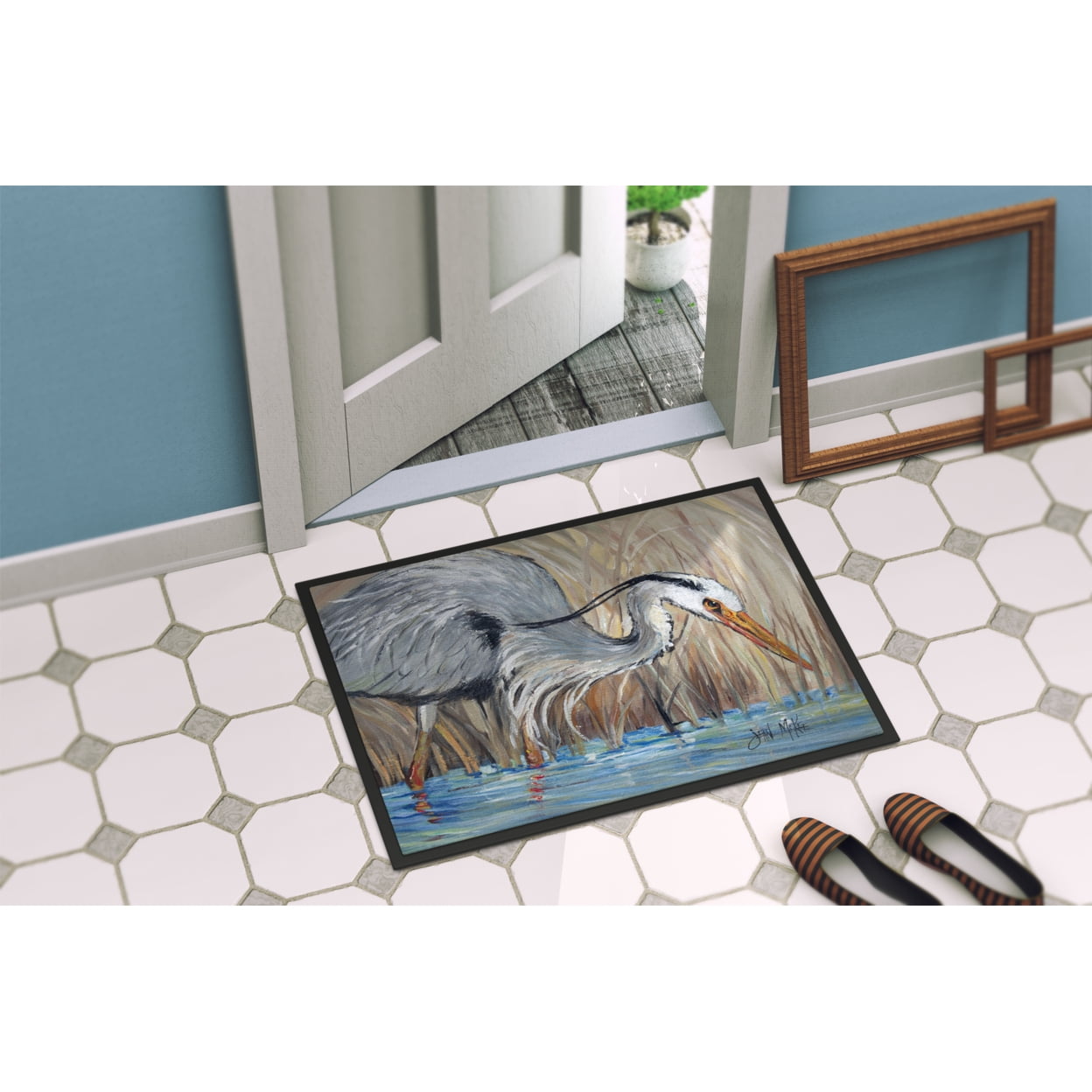 Carolines Treasures JMK1013MAT Blue Heron in the reeds Door Mat Indoor Rug or Outdoor Welcome Mat 18x27 Doormat  27"L x