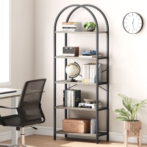 5 Tier Arched Bookshelf Bookcase Display Racks 70.8inch Tall Standing Bookshelves Metal Frame Rustic Storage Rack Shelf Brown Book Shelf for Bedroom, Living Room, Home Office