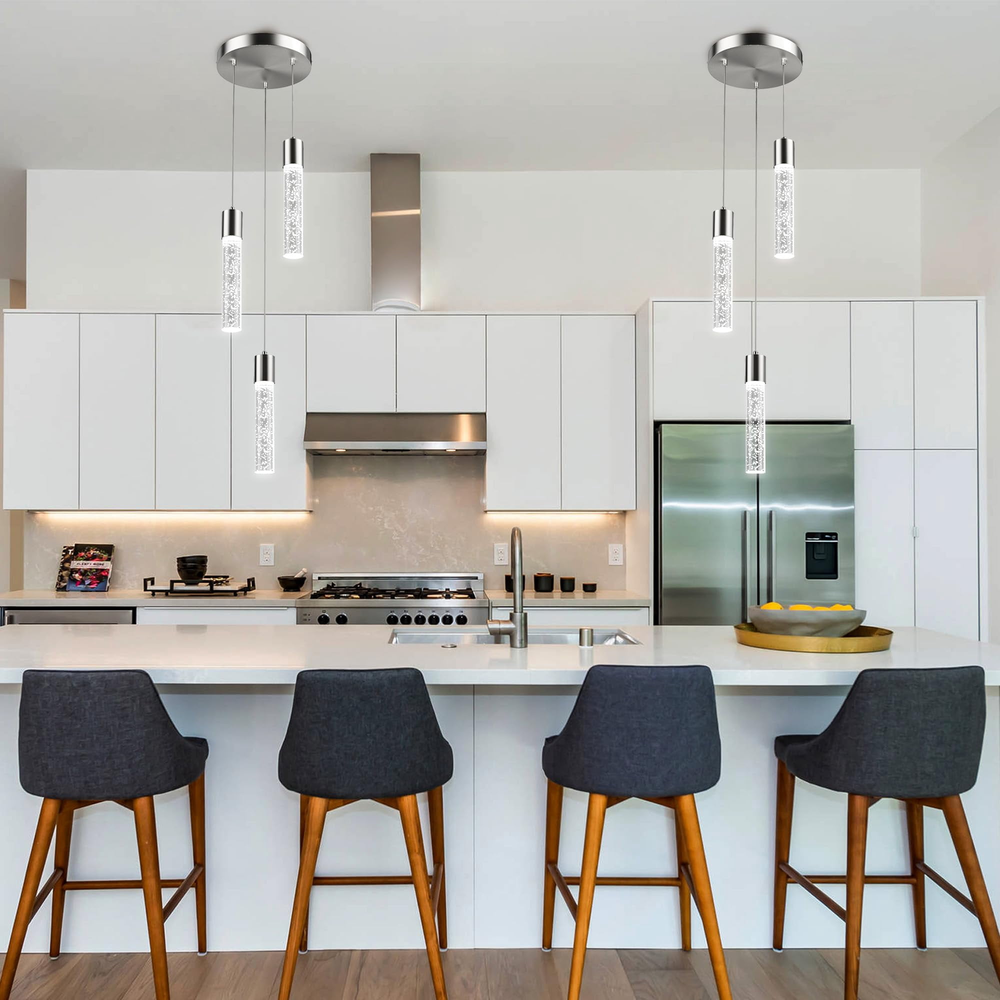 3 Lights Pendant Lights Kitchen Island, Modern Kitchen Island Lights, Ceiling Lighting Fixtures with Crystal Bubble, Integrated LED Hanging Light Nickel&nbsp;
