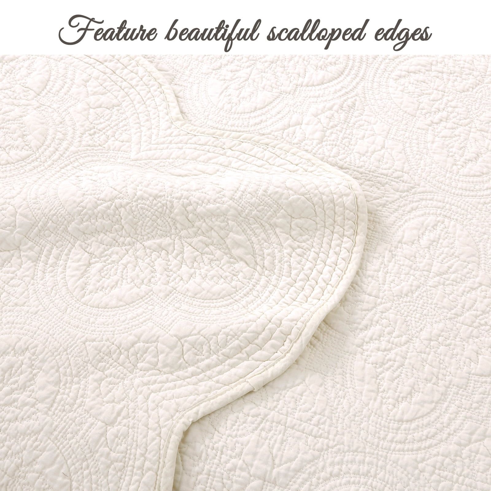 Cozy Line Victorian Medallion Matelasse Scalloped Edge 100% Cotton 3-Piece Ivory Cream Quilt Bedding Set, Queen