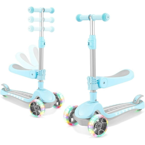 3 Wheel Scooter for Kids Ages 2-10 Years, 2 in 1 Kick Kids Scooter with Swivel Seat, Flashing Wheels and Light up Deck, 4 Adjustable Heights, Lean to Steer, Suitable for Boys & Girls Aged 2 