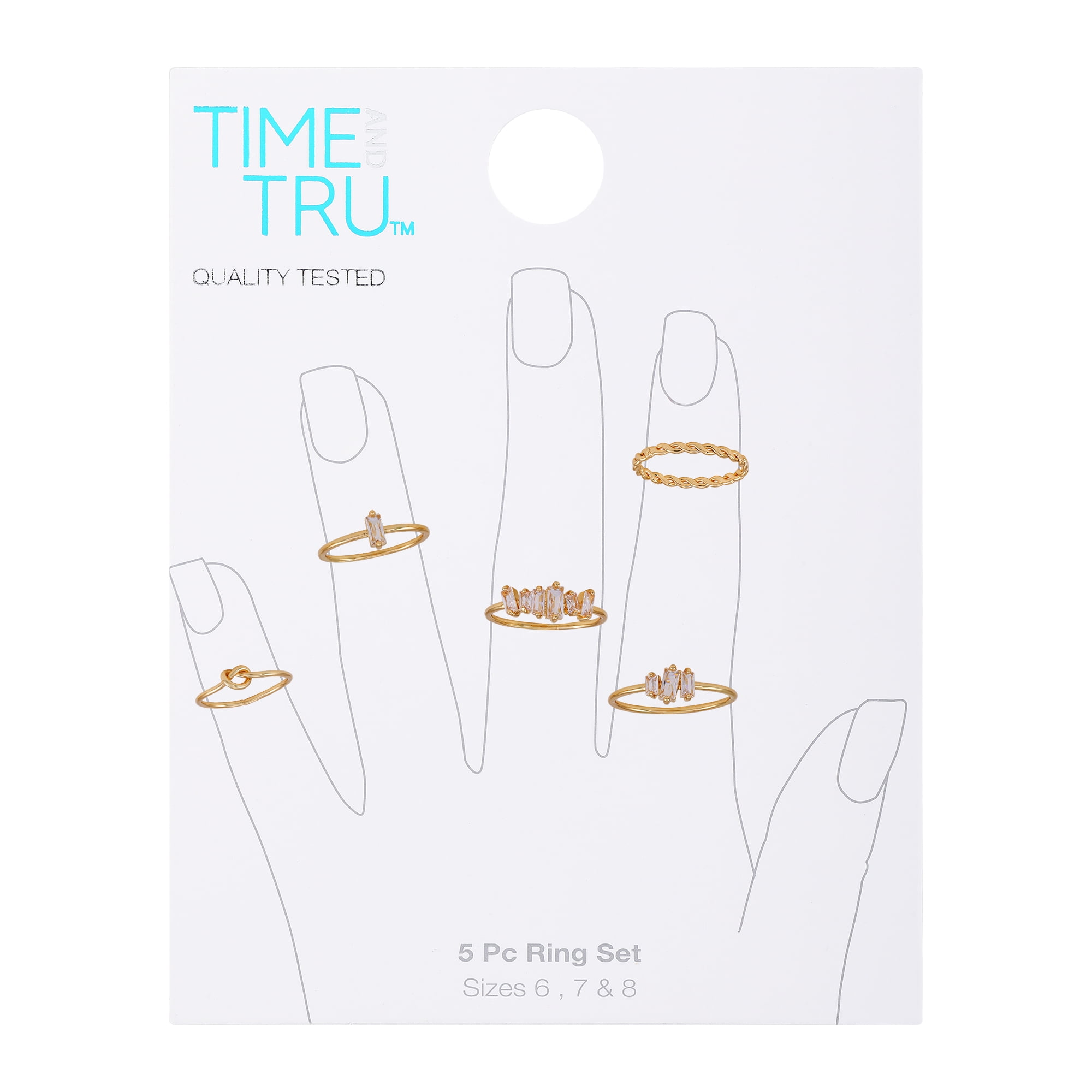 Time and Tru Women's Gold Tone Faux Crystal Ring Set, 5-Piece