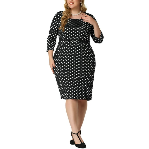 Agnes Orinda Women's Plus Size Formal Polka Dots 3/4 Sleeve Belt Bodycon Midi Wear-to-Work Dress
