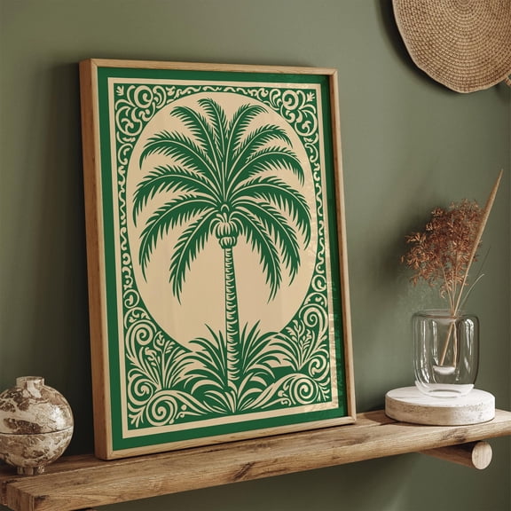 Tropical Palm Tree Print: Green Linocut Style Jungle Art UNFRAMED Poster, Wall Art for Decor, Present, 24x36
