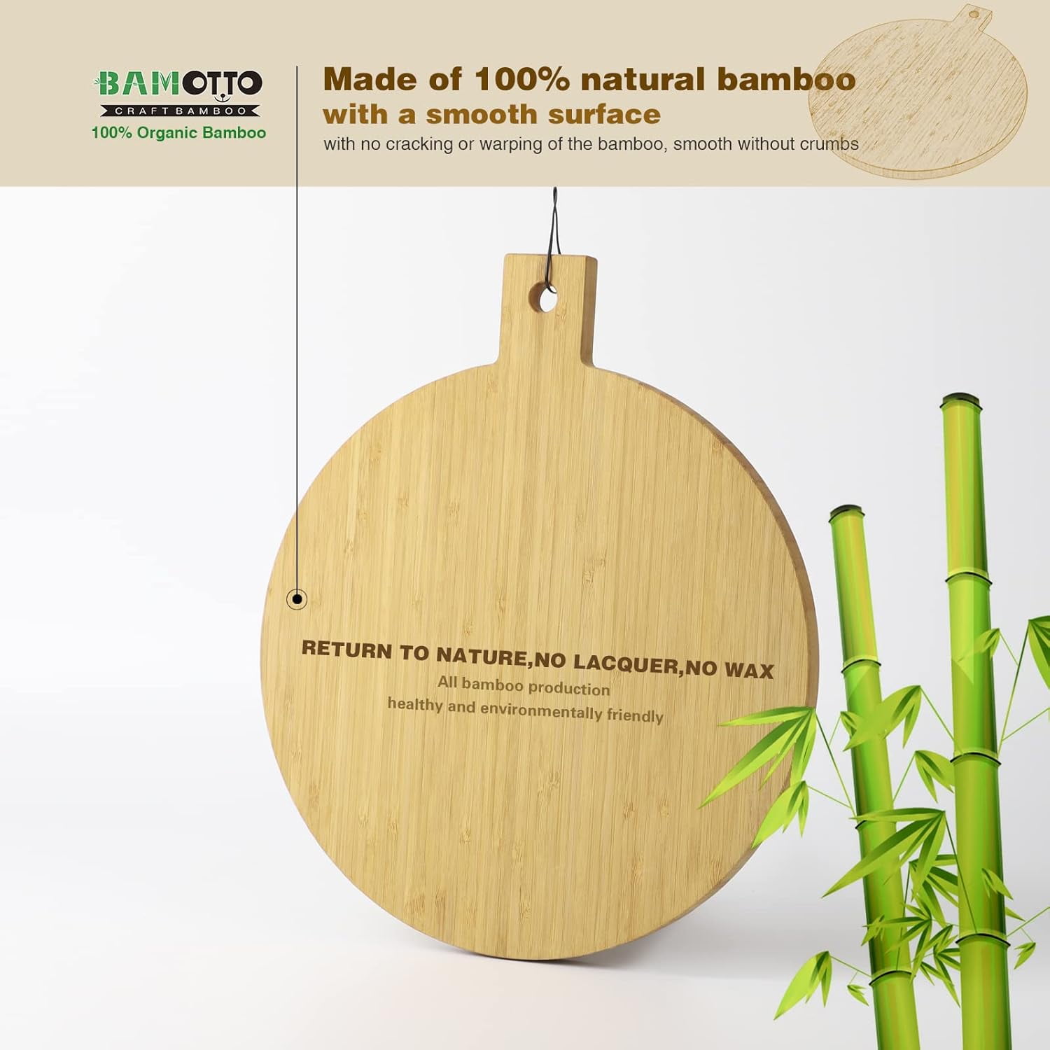 RGHJAR-100% Bamboo Round Cutting Board with Handle 13x11x0.63" - Hanging Decorative Charcuterie Board, Pizza Bread Snack Cookie Tray for Kitchen