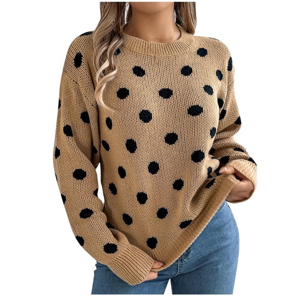 Busydd Sweaters for Women Fashion Black Dot Print Knit Sweater Crewneck Long Sleeve Pullover Sweaters Casual Tunic Fall Sweaters