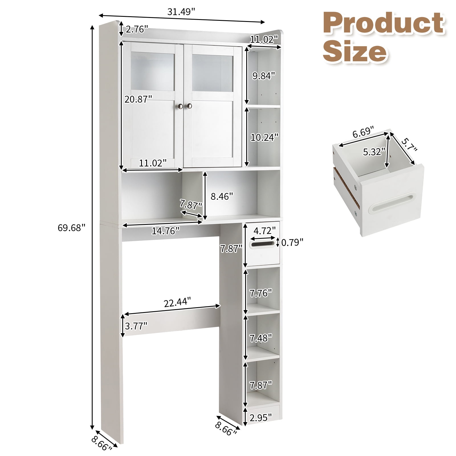 Zimtown Over the Toilet Bathroom Storage Cabinet with 2 Doors and 3 Storage Shelves& Side Storage, White