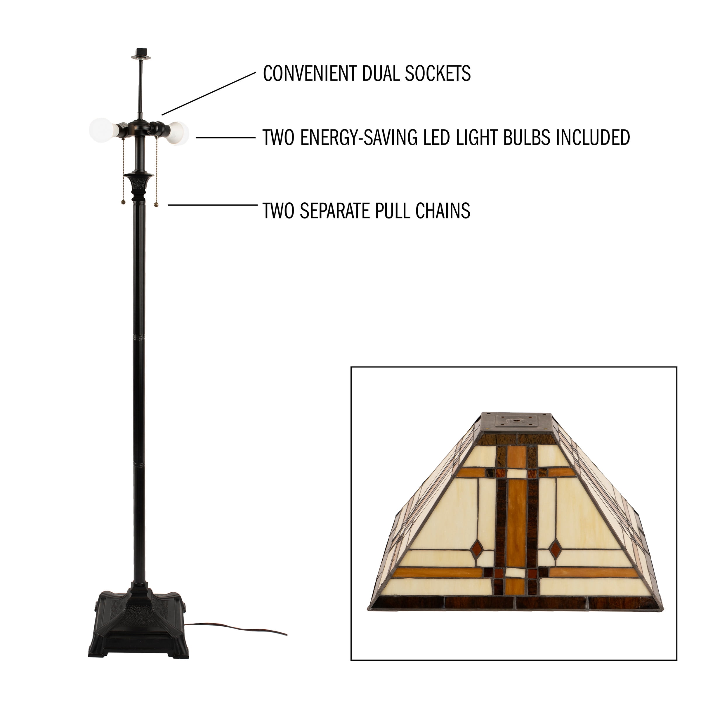 Lavish Home 61” Tiffany Style Floor Lamp - Standing Lamp for Bedroom and Living Room with Mission Design Art Glass Shade