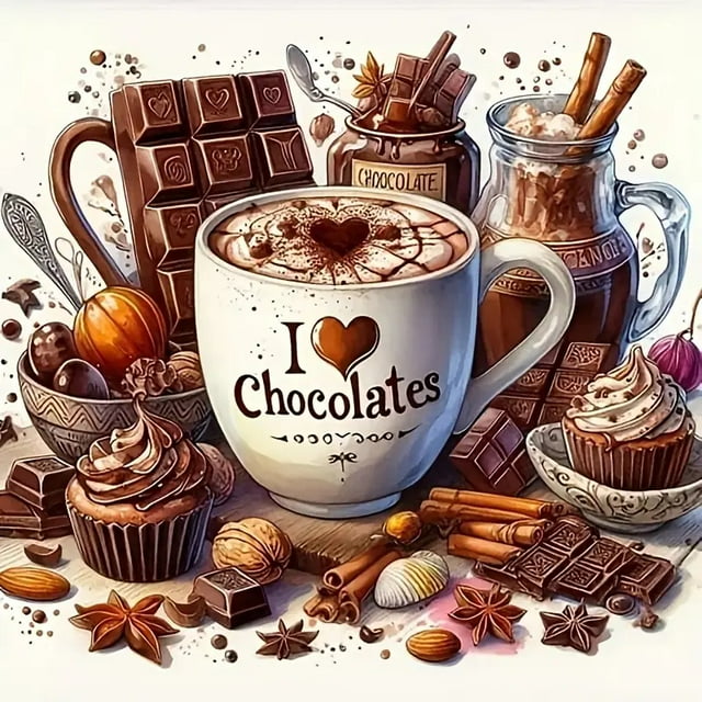 Colorful Coffee and Pastry Roses Canvas Rhinestone 5D DIY Diamond Embroidery Kits Art, 35*35 cm, frame not included.