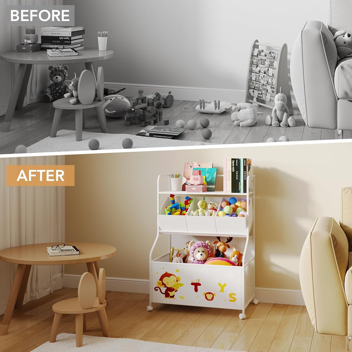 Toy Storage Organizer with Wheels - 3-Tier Kids Large Toy Box, Toy Chest Storage for Boys Girls Toddlers, Kids Bookshelf with 3 Fabric Toy Boxes for Playroom, White