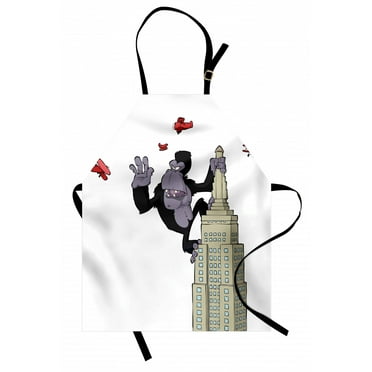 Animal Apron Cartoon Theme Big Monkey on Skyscraper and Planes on White Background Print, Unisex Kitchen Bib Apron with Adjustable Neck for Cooking Baking Gardening, Beige Black and Red, by Ambesonne