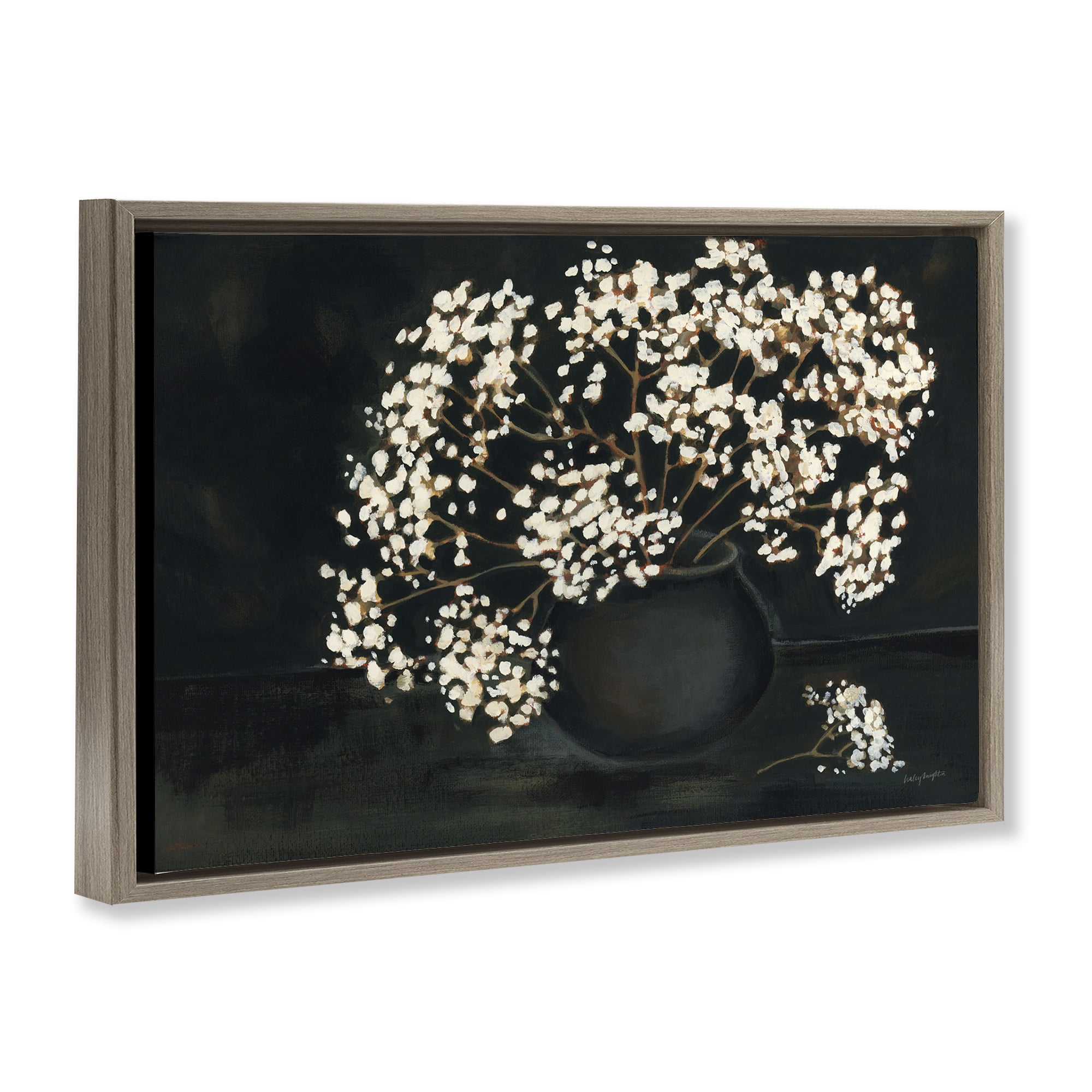 Stupell Industries Baby's Breath on Black Botanical & Floral Painting Brown Floater Framed Art Print Wall Art, 31 x 21