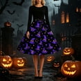 thumbnail image 5 of BaoFuBaoMei Vintage Halloween Dresses for Women Plus Size Crew Neck Long Sleeve Halloween Witch Hat Star Print Midi Dress Back Zipper Closure Waist Bow Tie a Line Dresses for Party, 5 of 6
