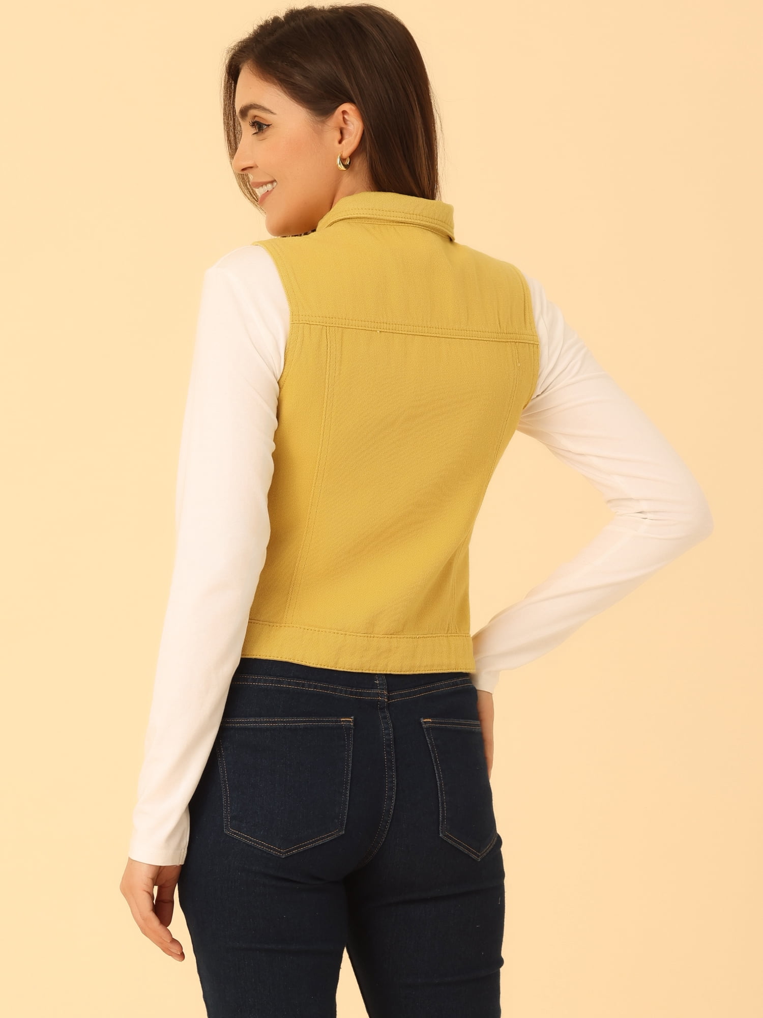 DARING DIVA Women's Denim Sleeveless Flap Pockets Vest Jacket S Yellow