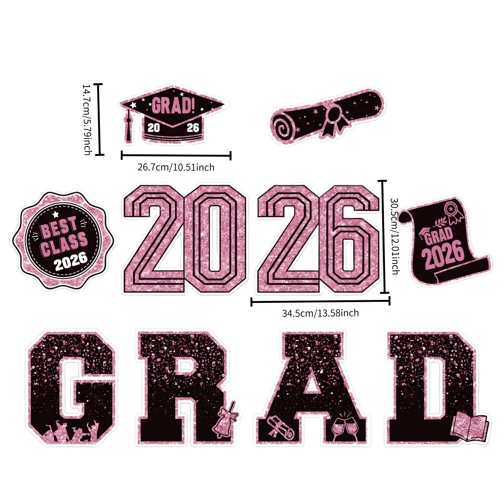 Graduation Decorations Class of 2026, Pink Glitter Decor, 2026 Big Numerals, Grad Cap Decor, Yard Sign, Scroll, Badge, Outdoor Graduation Celebration, 10 Set, Pink Accent Pieces