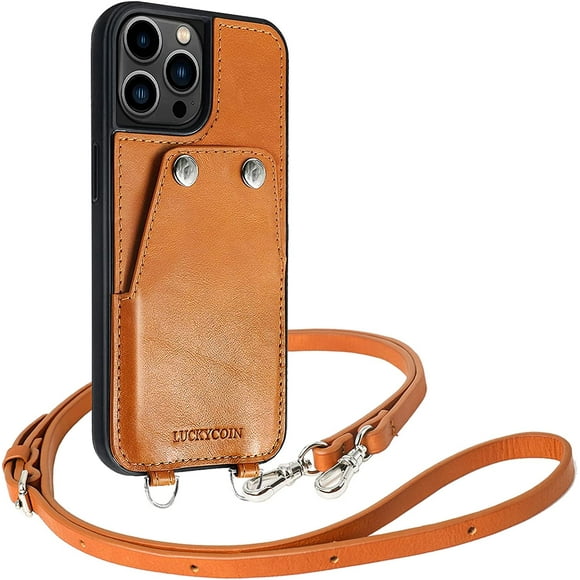 LUCKYCOIN Coque iPhone 13 Pro Max avec Bracelet en Cuir Véritable Porte-Cartes Portefeuille Étui de Protection