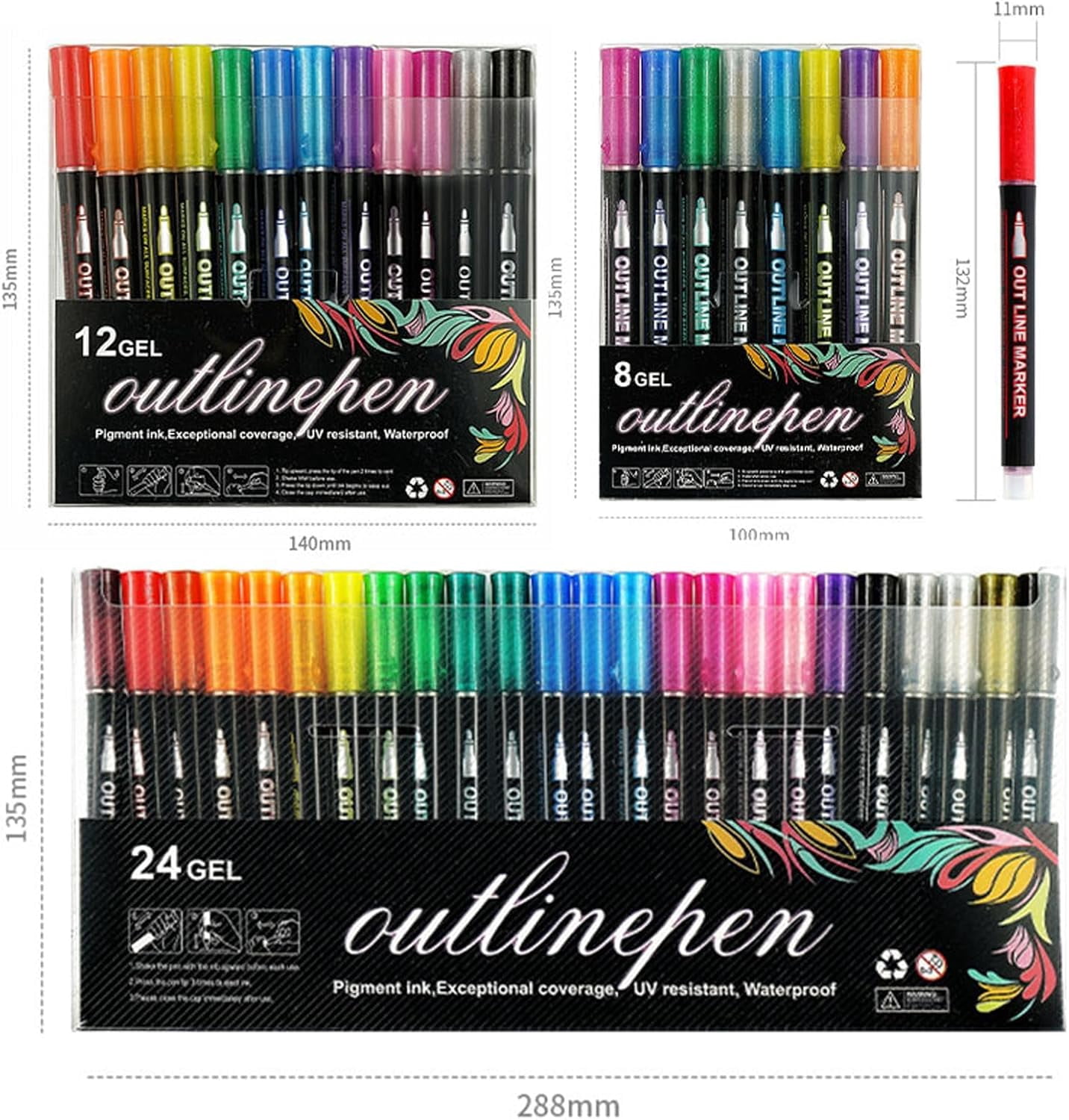 Dual-Line Contour Pen,  Outline Pen, Double Line Super Squiggles Glitter & Metallic Markers, 8/12/24/36/48/60 Colors Self-Outlining Glitter Pens, for Art and DIY (36pcs)