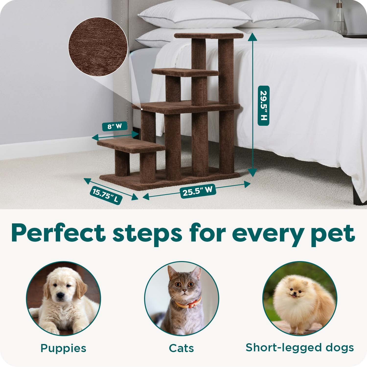 FurHaven Steady Paws Multi-Step Pet Stairs for High Beds & Sofas, Faux Fur Covered Dog Stairs for Small & Large Dogs, 4-Step Design, Plush Faux Fur, Brown