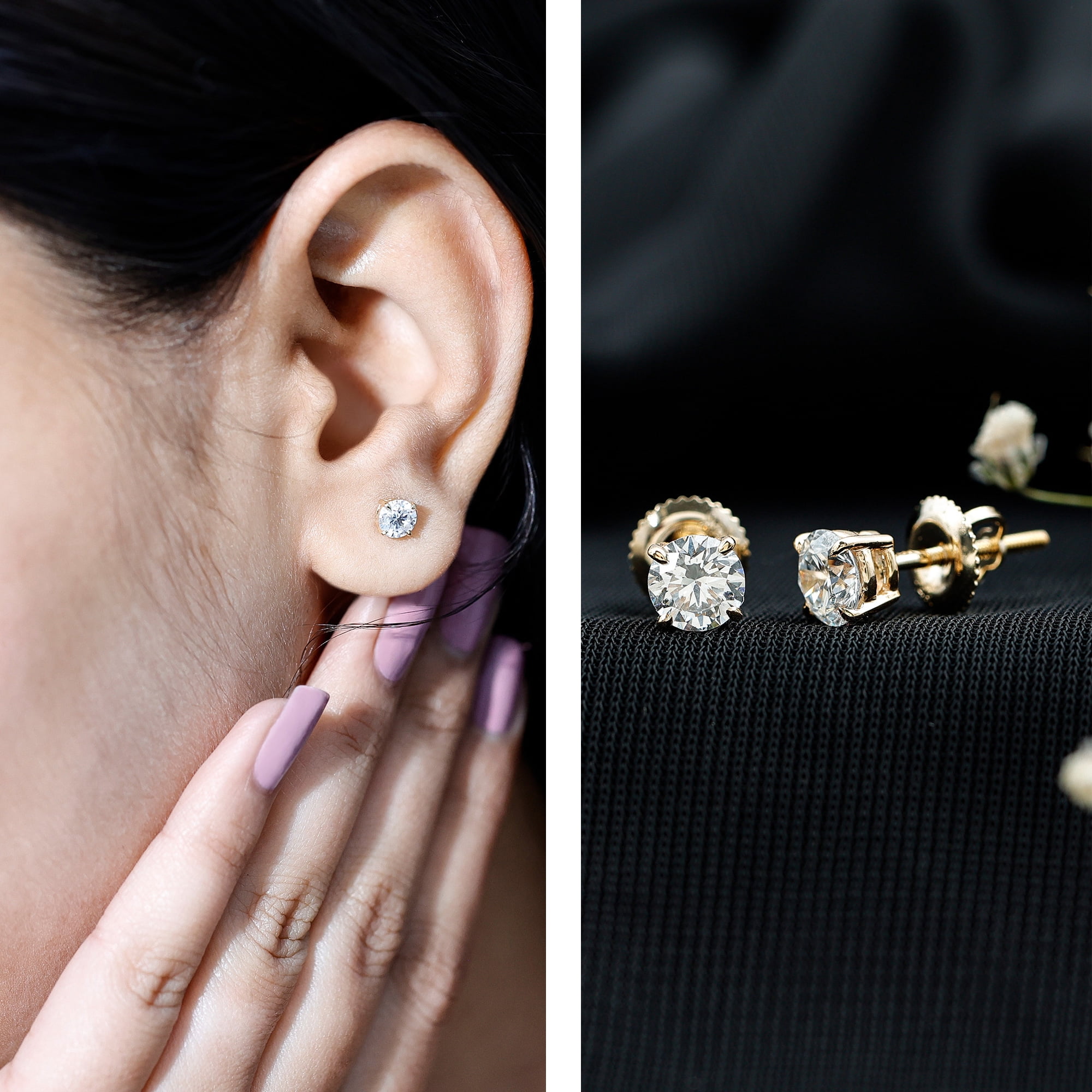 Rosec Jewels Lab Grown Diamond Earrings Unisex - 0.9 Ct - Round Lab Diamond Stud with Screw Back (EF-VS Quality) - Ready to Gift, 14K Yellow Gold
