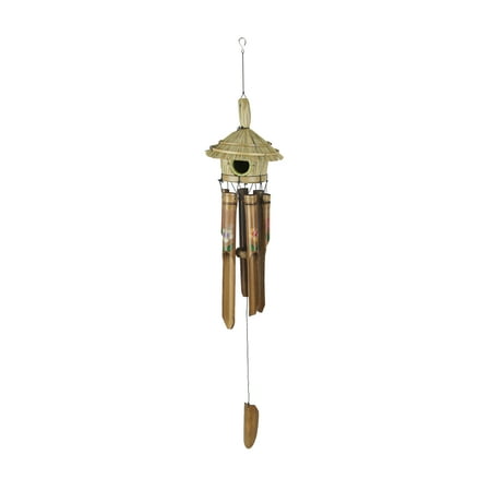 Bamboo and Straw Tropical Tiki Hut Birdhouse Wind Chime 36 Inches High