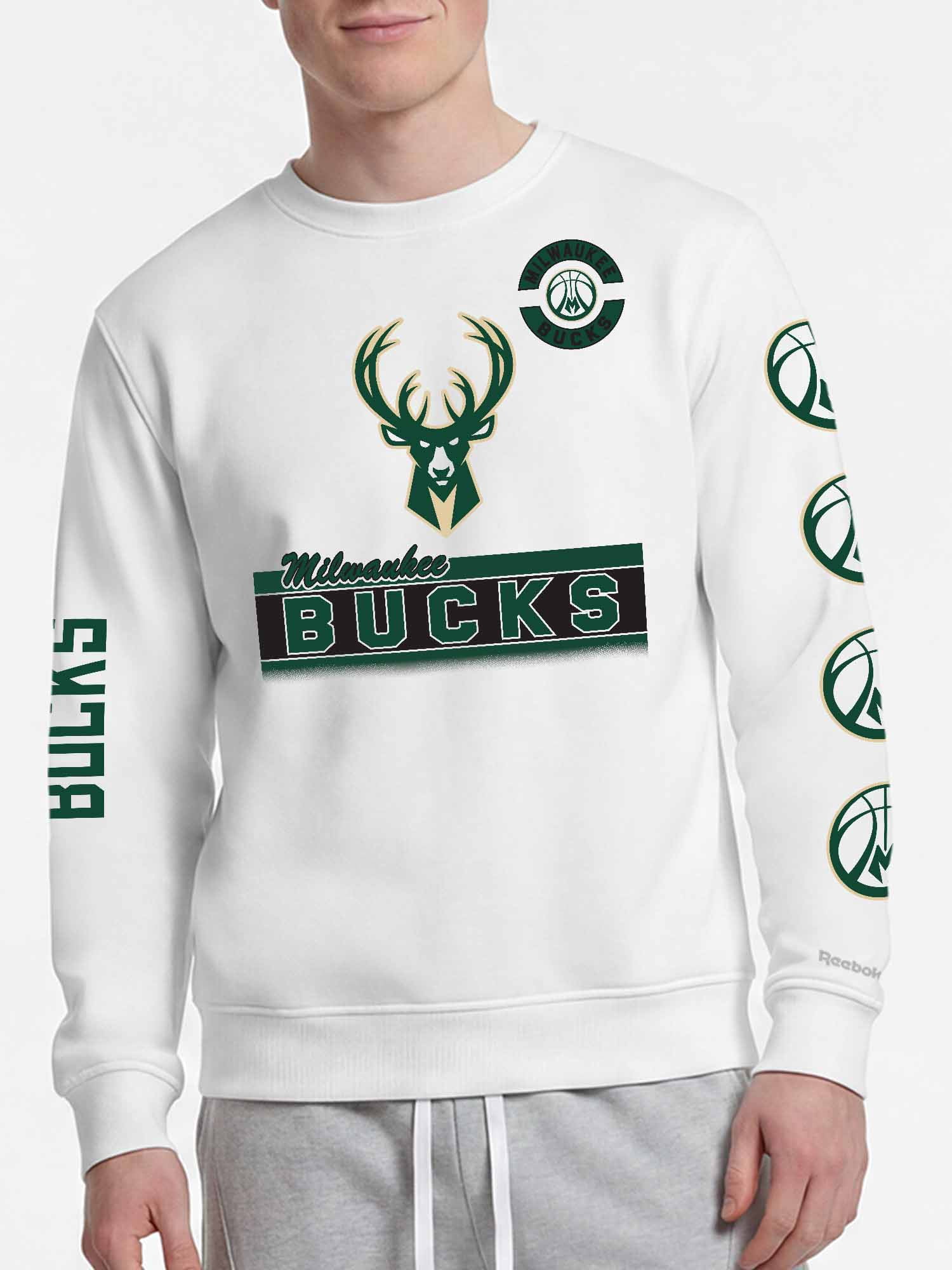 Milwaukee Bucks Reebok Mens White Crew Sweatshirt