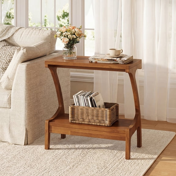 Finmind Solid Wood End Table, Narrow Side Table with 2-Tier Storage Shelf