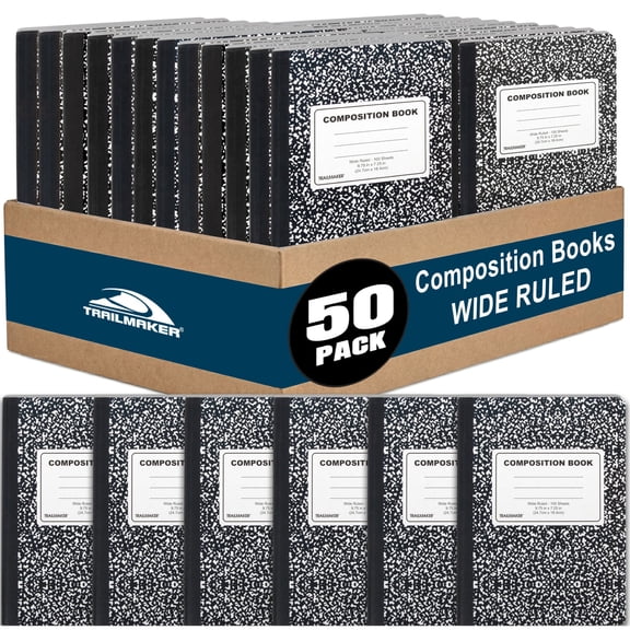 Trailmaker (50 Pack) Bulk Composition Notebooks, Wide Ruled Marble Cover, 200 Pages (100 Sheets), 9.75 x 7.5, Bulk School Supplies for Classroom, Office & School Donations
