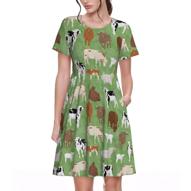 Disketp Cows And Calves para Vestido de Manga Corta para Mujeres, Vestidos de Verano para Mujeres, Casual y Holgado para la Playa