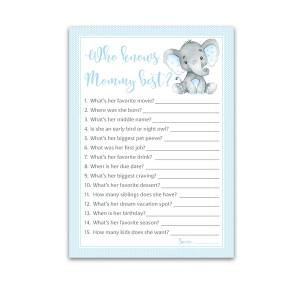 BLUE ELEPHANT Baby Shower Games Who Knows Mommy Best - Pack of 25 - BOY Baby Shower Game, New Parent Couples Coed Sprinkle Fun Guessing Game Shower Activity, Polka Dot SKU G501-WKM