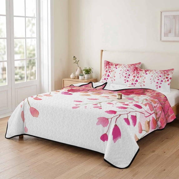 3 Pieces Full Quilt Set,Spring Pink Wisteria Flower Soft Bedding Sets with 1 Quilt & 2 Pillow Shams,Watercolor Floral Leaf Summer Bedspread Lightweight Coverlet Comforter