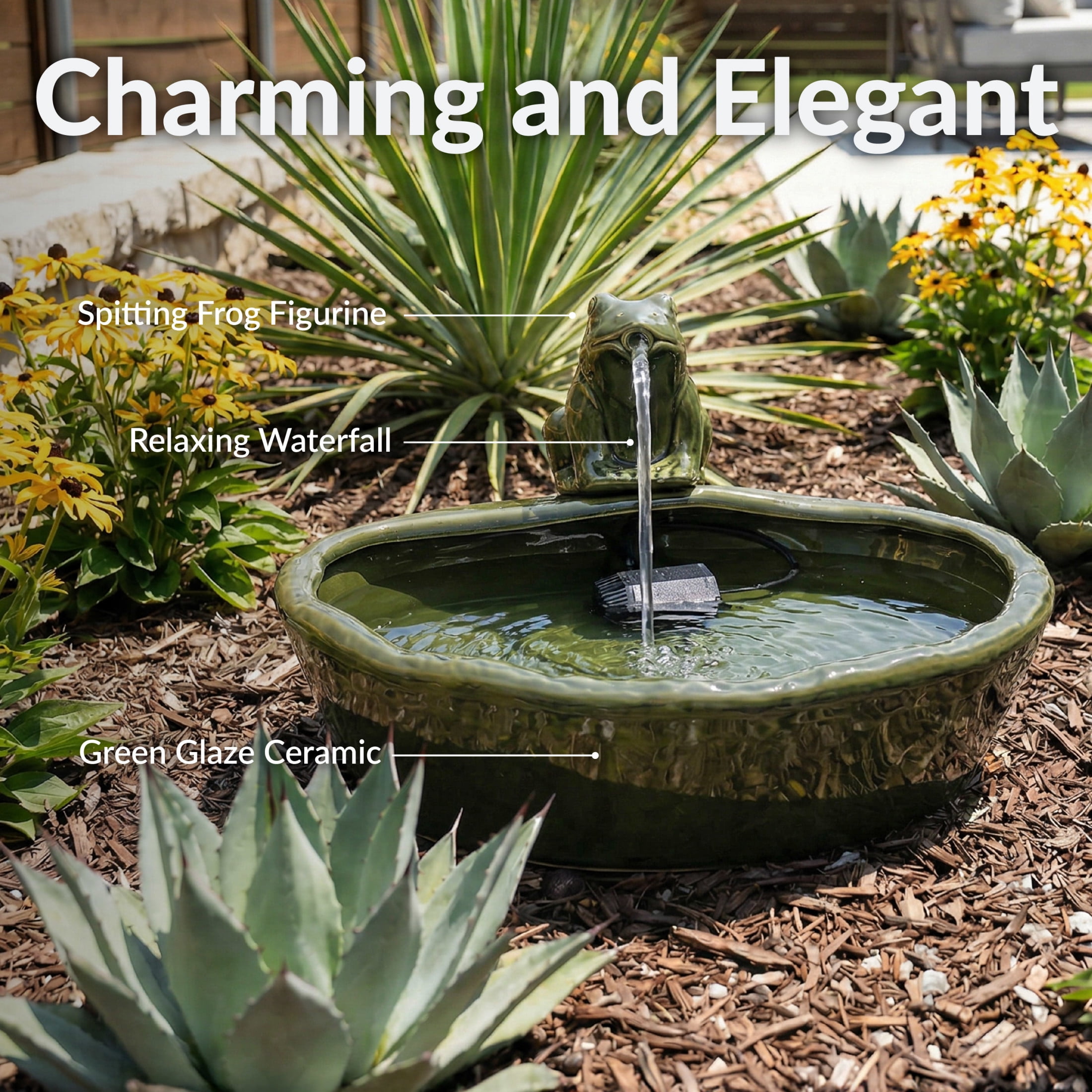 Sunnydaze Frog Contemporary Green Ceramic Solar Water Fountain