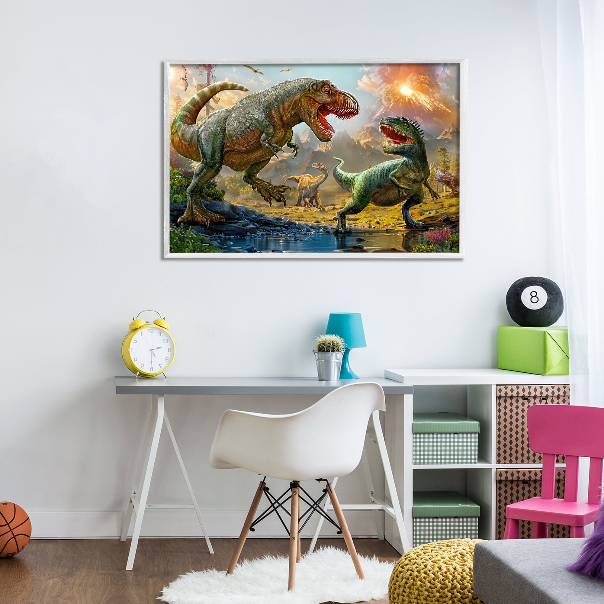 Stupell Industries T-Rex Encounter at Riverbank White Framed Giclee Art, design by Henriette Chinaglia
