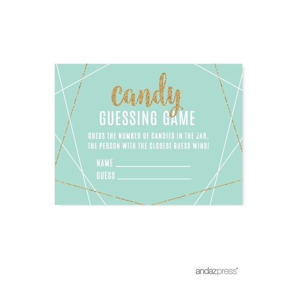Signature Light Aqua, White, Gold Glittering Party, Candy Guessing Game Activity Cards, 30-Pack