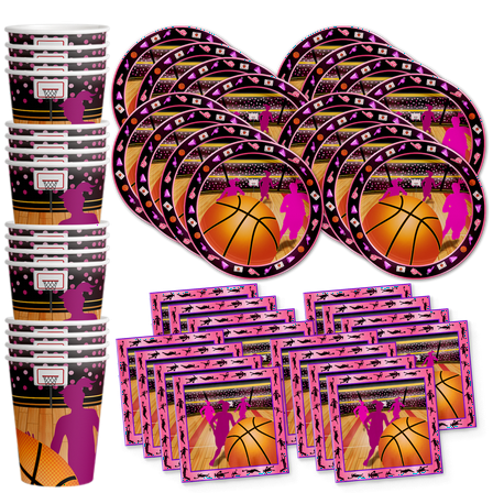 Pink Basketball Girl Birthday Party Supplies Set Plates Napkins Cups Tableware Kit for 16