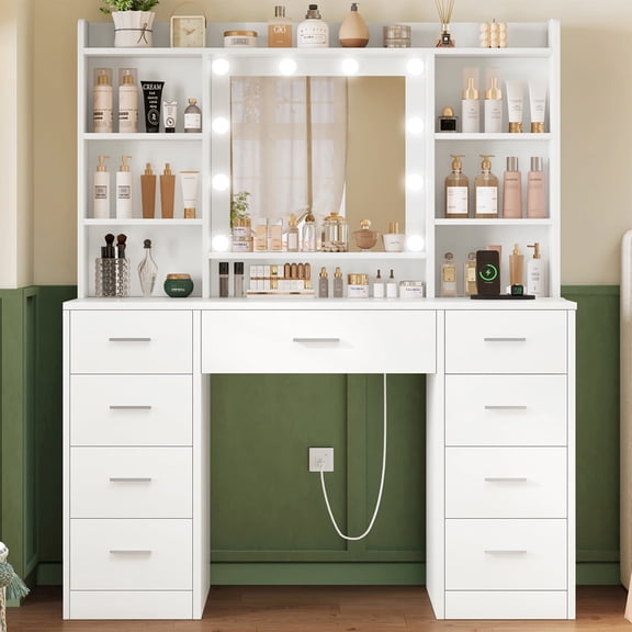 Makeup Vanity Set with Mirror, Vanity Desk with 11 Drawers and Charging Station, Vanity Desk for Girls, for Bedroom, White