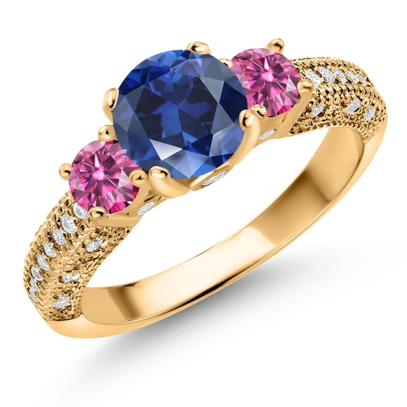 Gem Stone King 18K Yellow Gold Plated Silver Blue Created Sapphire Pink Moissanite and White Moissanite Engagement Ring for Women (2.14 Cttw, Gemstone September Birthstone, Round 7MM and 4MM, Size 6)