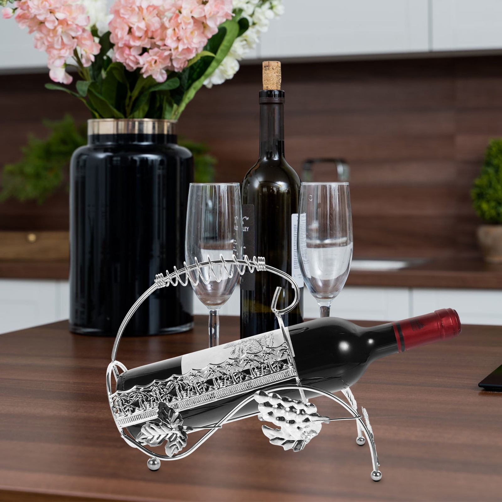 TABLZONE Single Wine Bottle Stand Plated Silver Iron Wire Rack for Home Bar and Dining Room