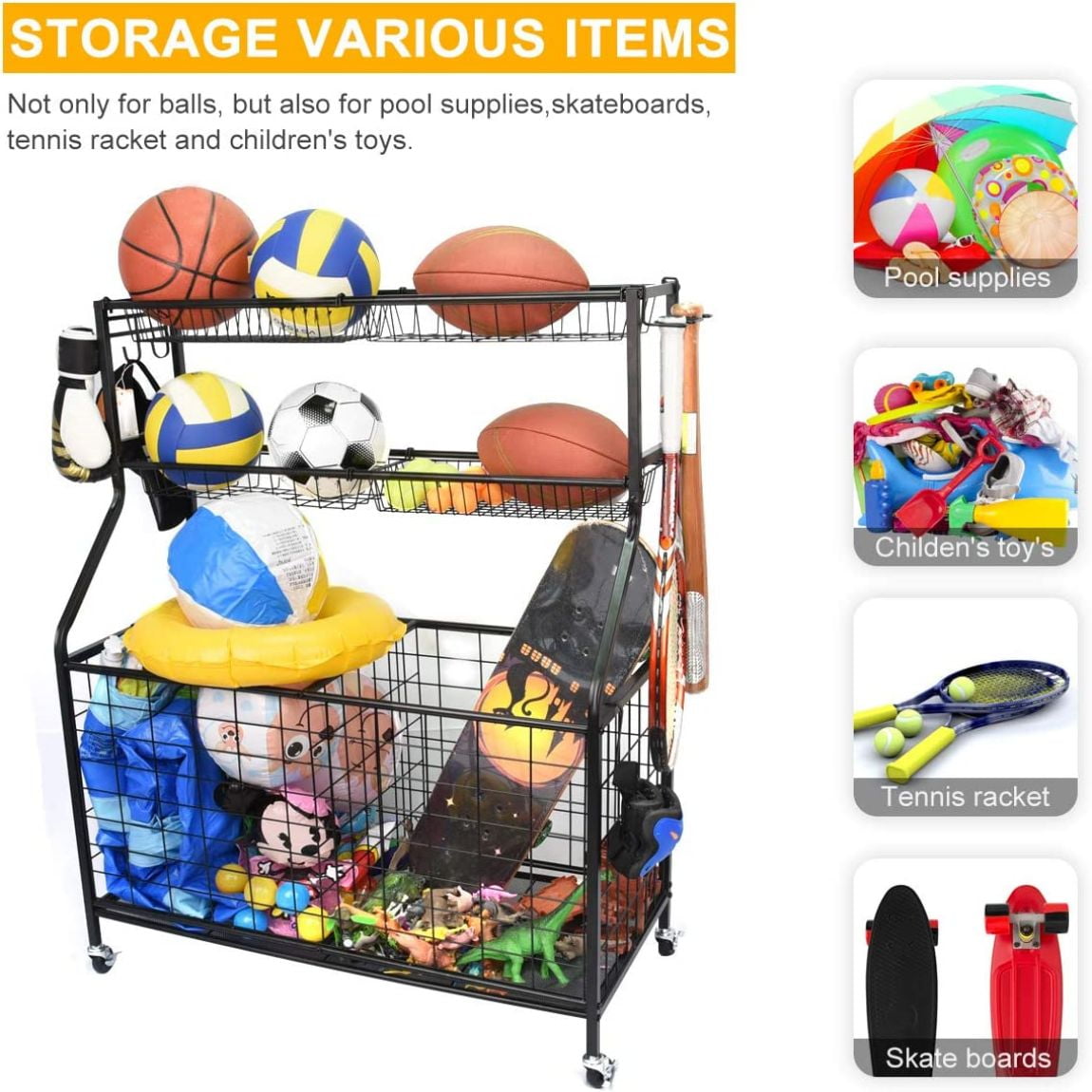 Sports Equipment Organizer, Sports Gear Basketball Storage with Baskets